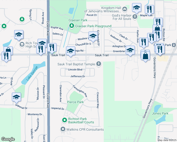 map of restaurants, bars, coffee shops, grocery stores, and more near 22436 Hamilton Drive in Richton Park