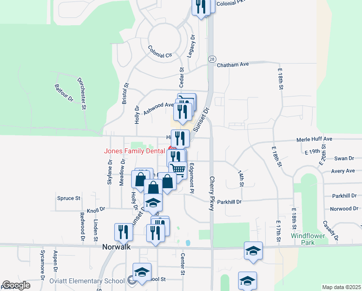 map of restaurants, bars, coffee shops, grocery stores, and more near 1421 Sunset Drive in Norwalk