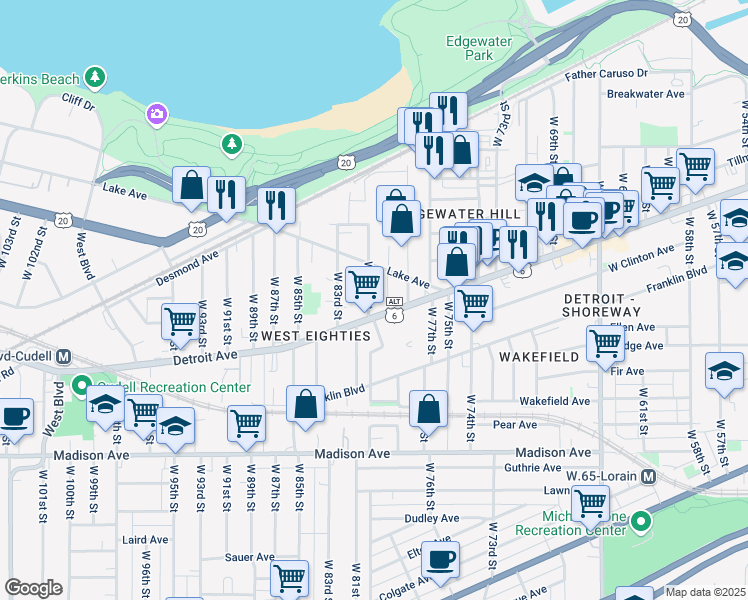 map of restaurants, bars, coffee shops, grocery stores, and more near 7903 Lake Avenue in Cleveland