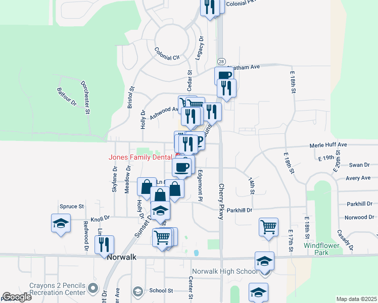 map of restaurants, bars, coffee shops, grocery stores, and more near 1421 Sunset Drive in Norwalk