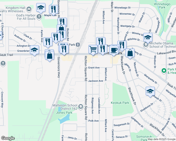 map of restaurants, bars, coffee shops, grocery stores, and more near 22409 Richton Square Road in Richton Park