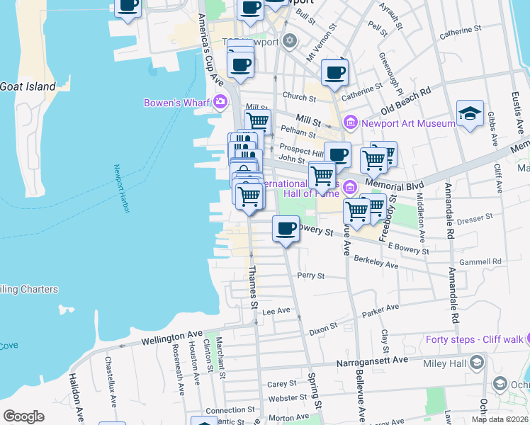 map of restaurants, bars, coffee shops, grocery stores, and more near 309 Spring Street in Newport