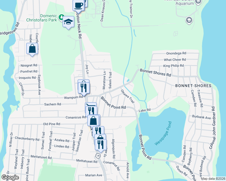 map of restaurants, bars, coffee shops, grocery stores, and more near 30 Salem Trail in Narragansett