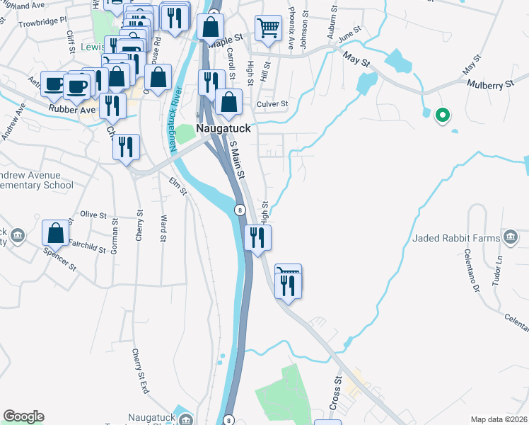 map of restaurants, bars, coffee shops, grocery stores, and more near 2-136 High Street in Naugatuck