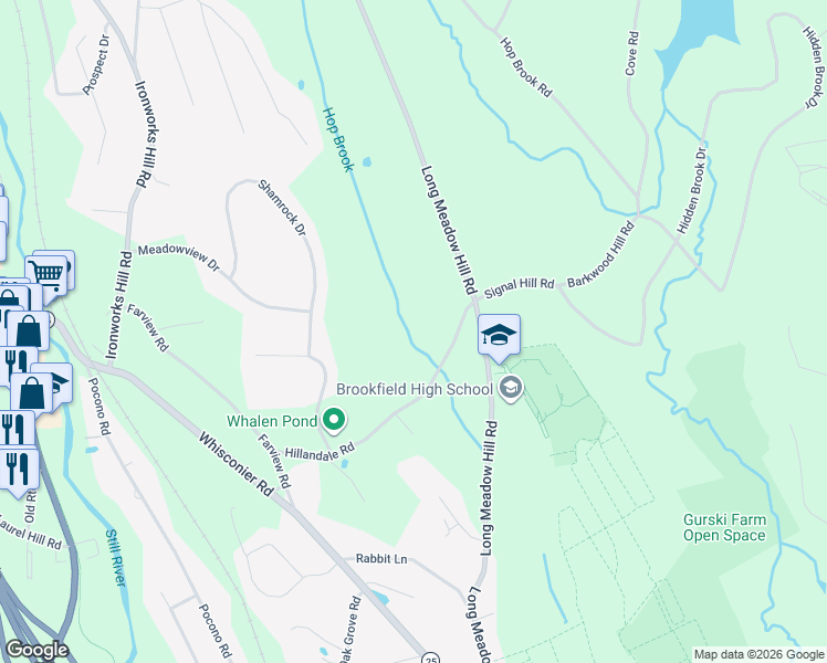 map of restaurants, bars, coffee shops, grocery stores, and more near 26 Hillandale Road in Brookfield