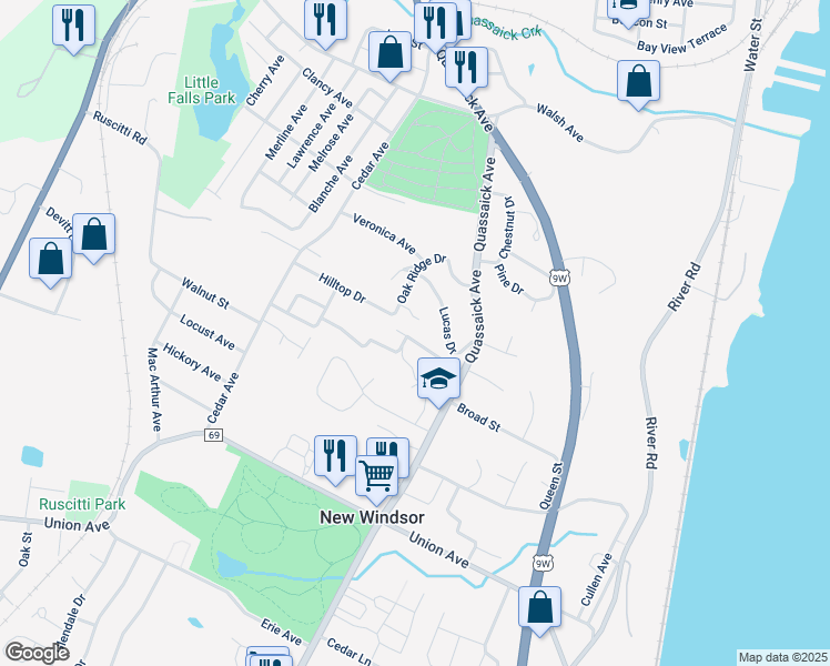 map of restaurants, bars, coffee shops, grocery stores, and more near 11 Oak Ridge Drive in New Windsor
