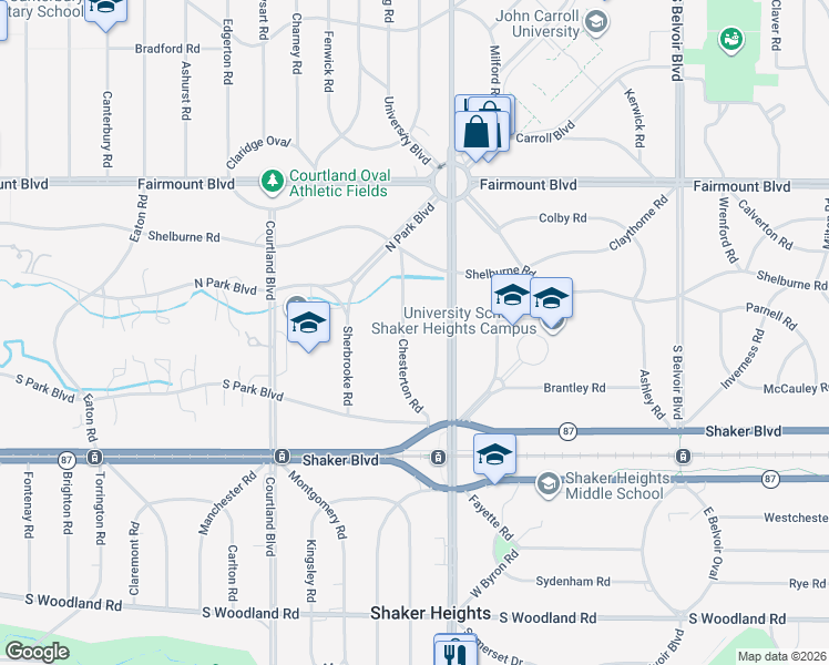 map of restaurants, bars, coffee shops, grocery stores, and more near 2701 Chesterton Road in Shaker Heights