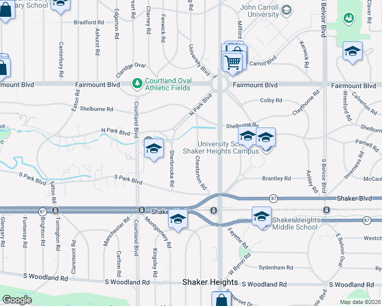 map of restaurants, bars, coffee shops, grocery stores, and more near 2700 Chesterton Road in Shaker Heights