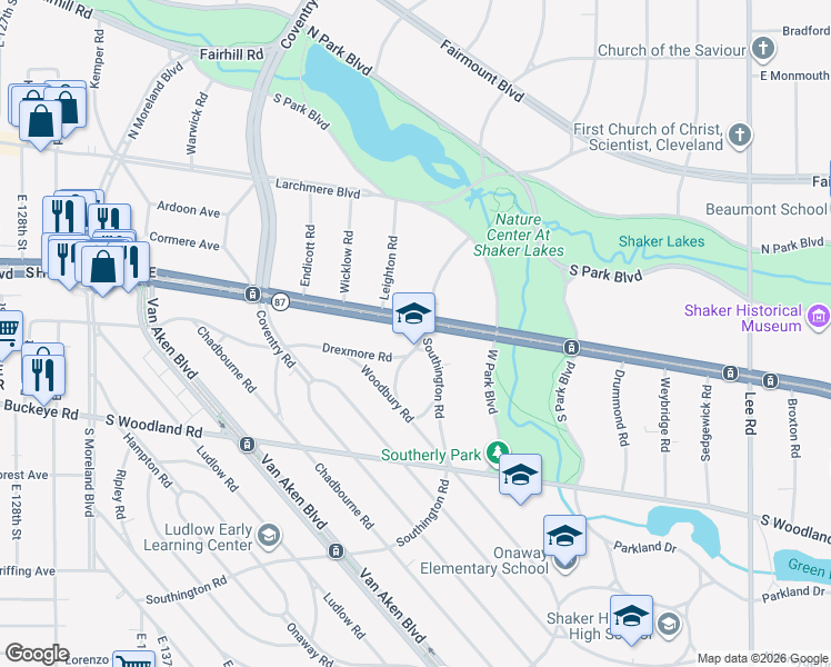 map of restaurants, bars, coffee shops, grocery stores, and more near in Shaker Heights