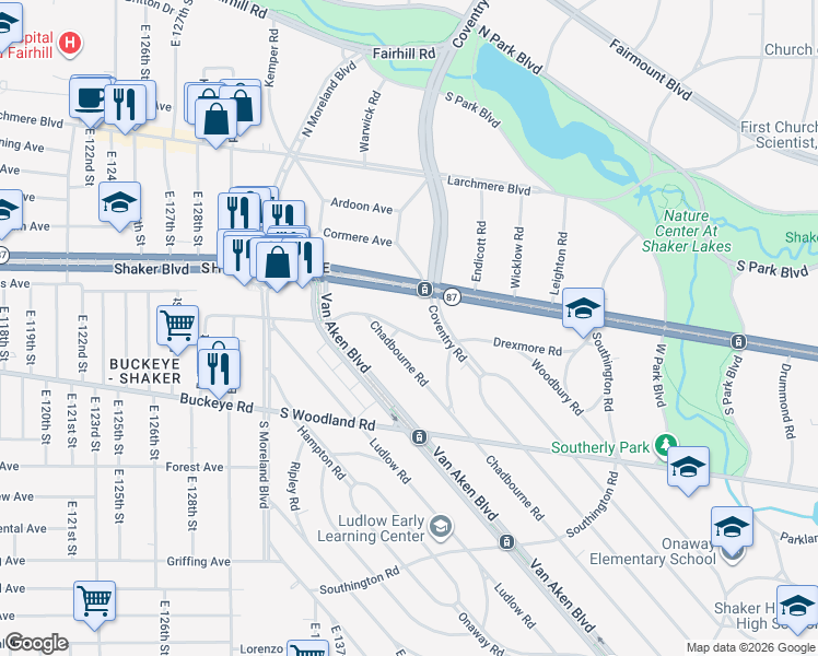 map of restaurants, bars, coffee shops, grocery stores, and more near 13901 Drexmore Road in Cleveland