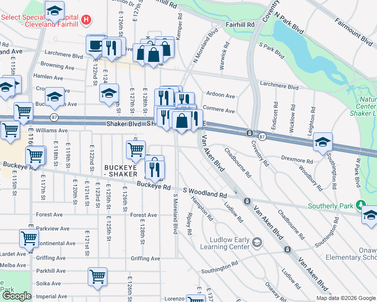 map of restaurants, bars, coffee shops, grocery stores, and more near 2782 Van Aken Boulevard in Cleveland