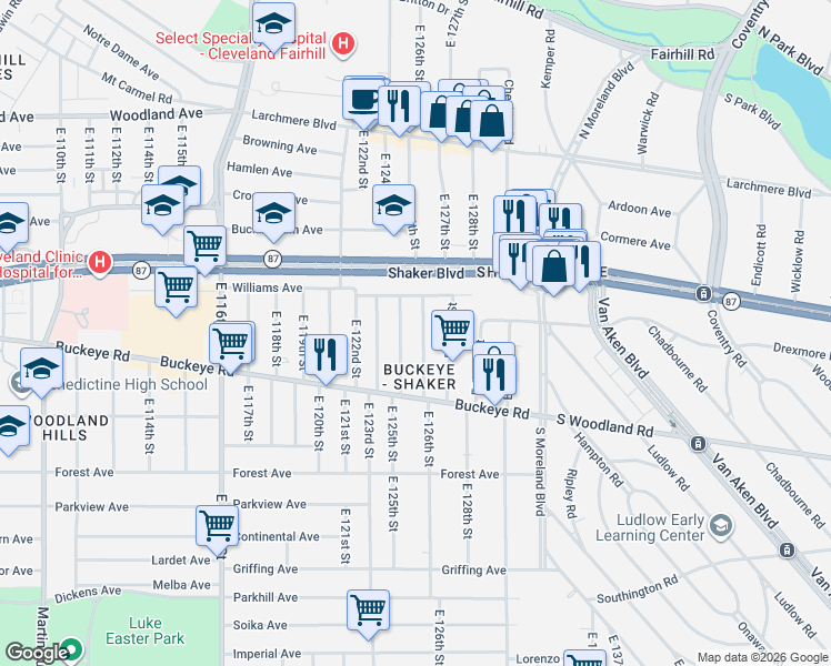 map of restaurants, bars, coffee shops, grocery stores, and more near 2782 East 126th Street in Cleveland