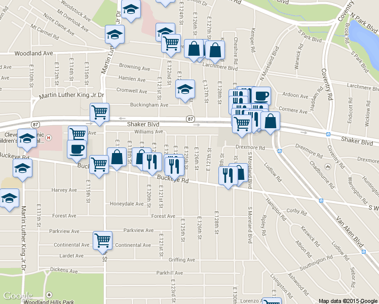 map of restaurants, bars, coffee shops, grocery stores, and more near 2782 East 126th Street in Cleveland
