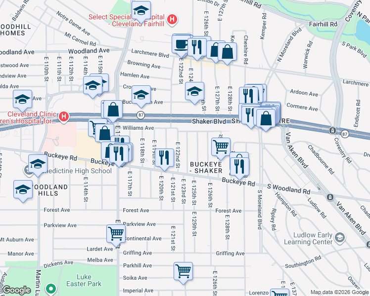 map of restaurants, bars, coffee shops, grocery stores, and more near 2784 East 124th Street in Cleveland