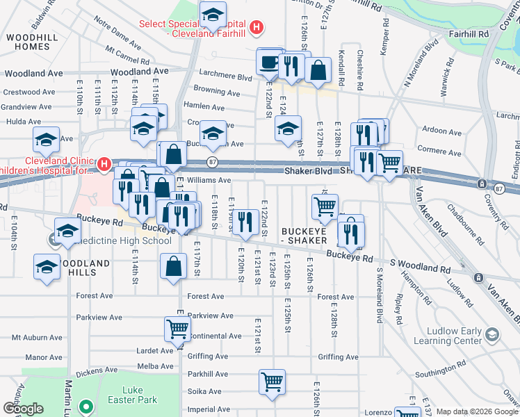 map of restaurants, bars, coffee shops, grocery stores, and more near 2793 East 120th Street in Cleveland