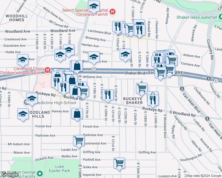 map of restaurants, bars, coffee shops, grocery stores, and more near 2793 East 120th Street in Cleveland