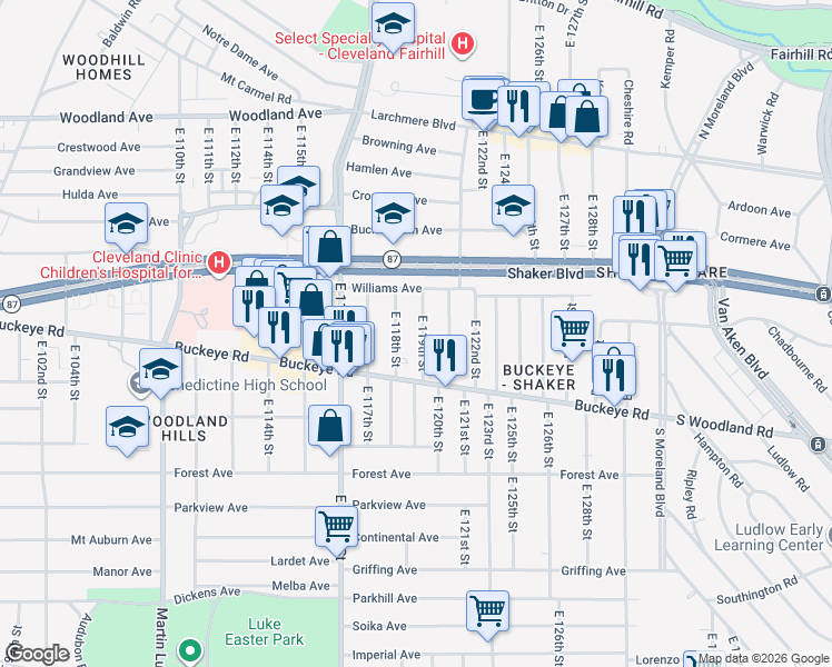 map of restaurants, bars, coffee shops, grocery stores, and more near 2798 East 119th Street in Cleveland