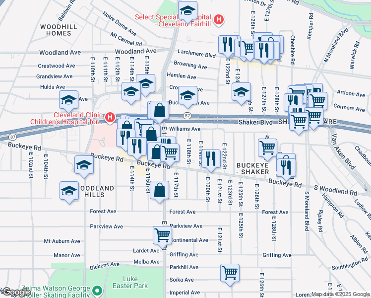 map of restaurants, bars, coffee shops, grocery stores, and more near 2805 East 117th Street in Cleveland