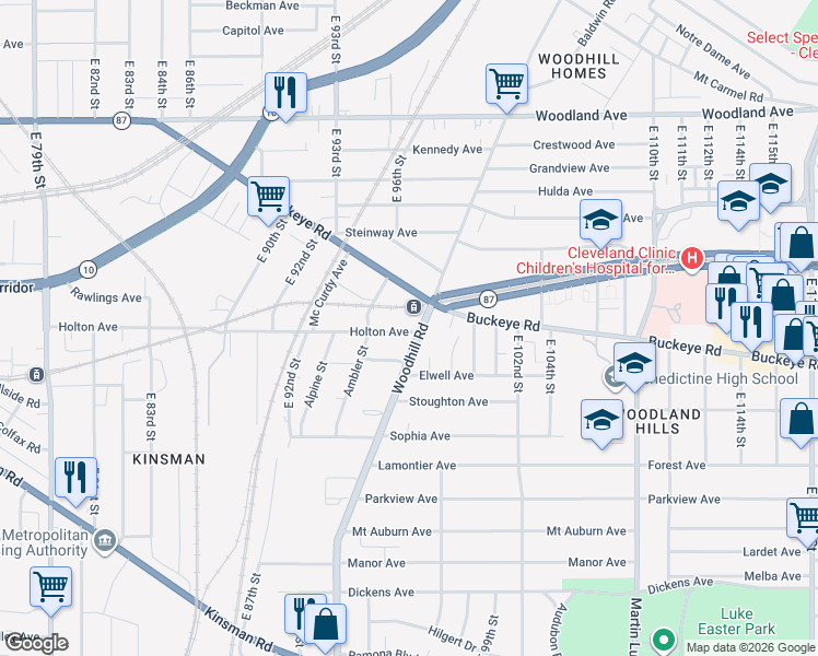 map of restaurants, bars, coffee shops, grocery stores, and more near 9718 Buckeye Road in Cleveland