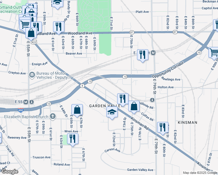 map of restaurants, bars, coffee shops, grocery stores, and more near 2806 East 73rd Street in Cleveland
