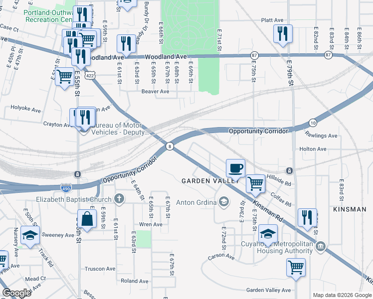 map of restaurants, bars, coffee shops, grocery stores, and more near 2812 East 69th Street in Cleveland
