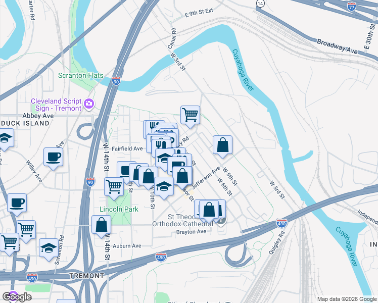 map of restaurants, bars, coffee shops, grocery stores, and more near 2277 West 6th Street in Cleveland