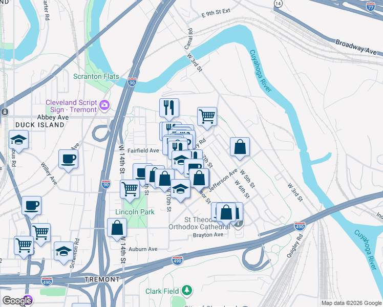 map of restaurants, bars, coffee shops, grocery stores, and more near 702 Literary Road in Cleveland