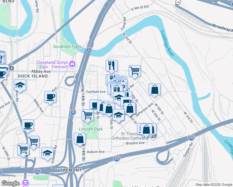 map of restaurants, bars, coffee shops, grocery stores, and more near 2176 Thurman Avenue in Cleveland