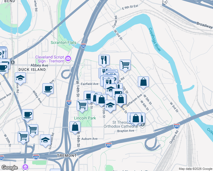 map of restaurants, bars, coffee shops, grocery stores, and more near 2176 Thurman Avenue in Cleveland