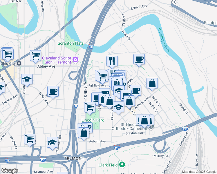 map of restaurants, bars, coffee shops, grocery stores, and more near 1018 Fairfield Avenue in Cleveland