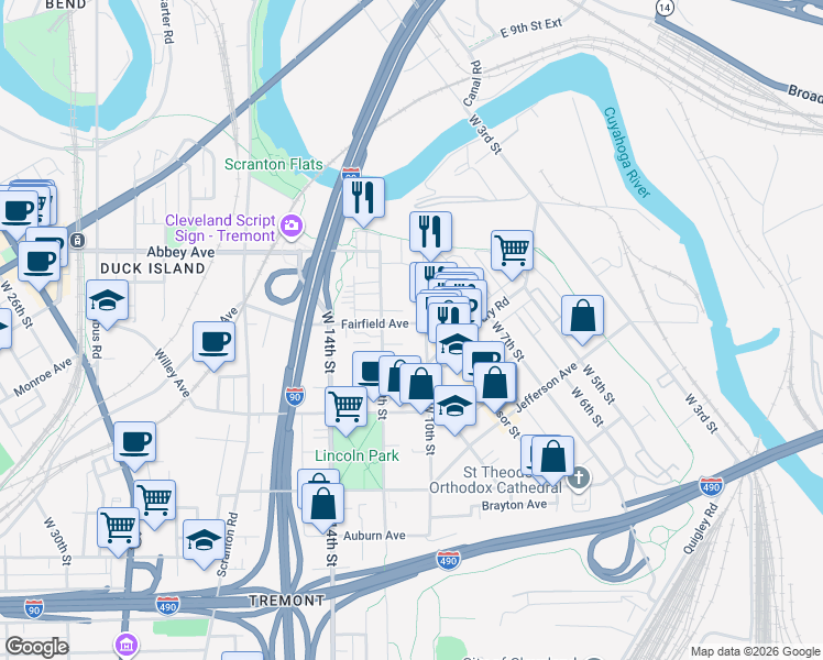 map of restaurants, bars, coffee shops, grocery stores, and more near 1018 Fairfield Avenue in Cleveland