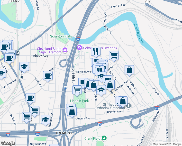 map of restaurants, bars, coffee shops, grocery stores, and more near 1018 Fairfield Avenue in Cleveland