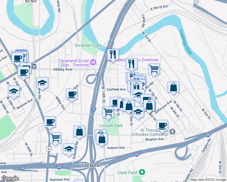 map of restaurants, bars, coffee shops, grocery stores, and more near 2132 West 11th Street in Cleveland