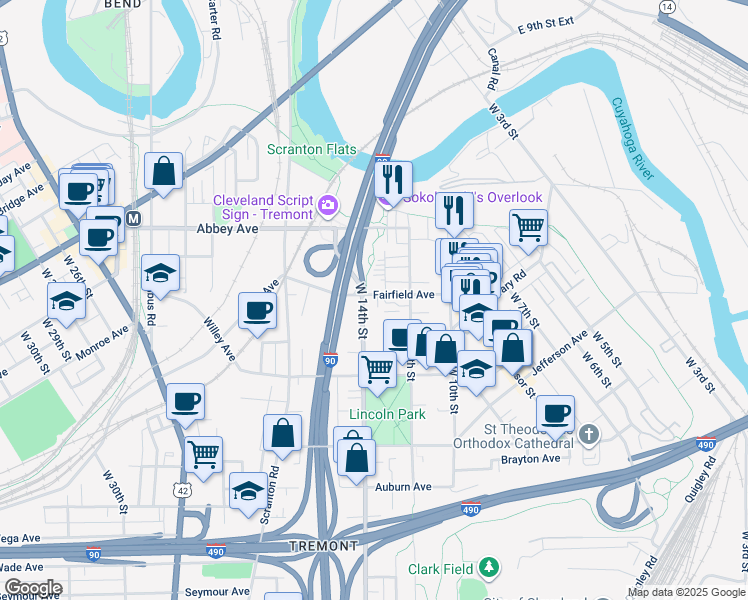 map of restaurants, bars, coffee shops, grocery stores, and more near 2187 West 14th Street in Cleveland