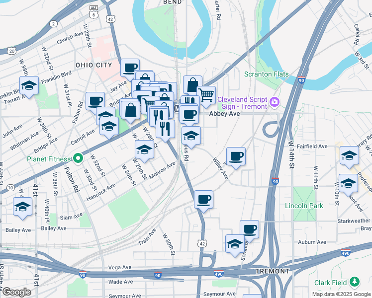 map of restaurants, bars, coffee shops, grocery stores, and more near 2201 Columbus Road in Cleveland