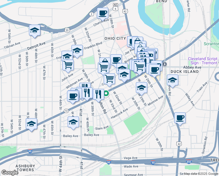 map of restaurants, bars, coffee shops, grocery stores, and more near 1946 West 32nd Street in Cleveland