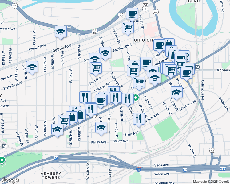map of restaurants, bars, coffee shops, grocery stores, and more near 3814 Bridge Avenue in Cleveland