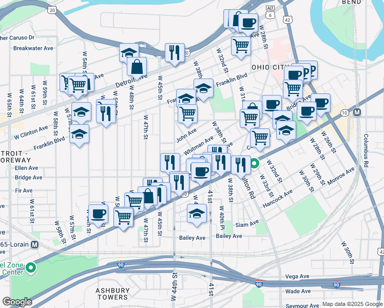 map of restaurants, bars, coffee shops, grocery stores, and more near 4120 Whitman Avenue in Cleveland