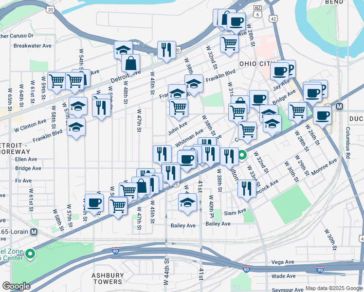 map of restaurants, bars, coffee shops, grocery stores, and more near 4120 Whitman Avenue in Cleveland
