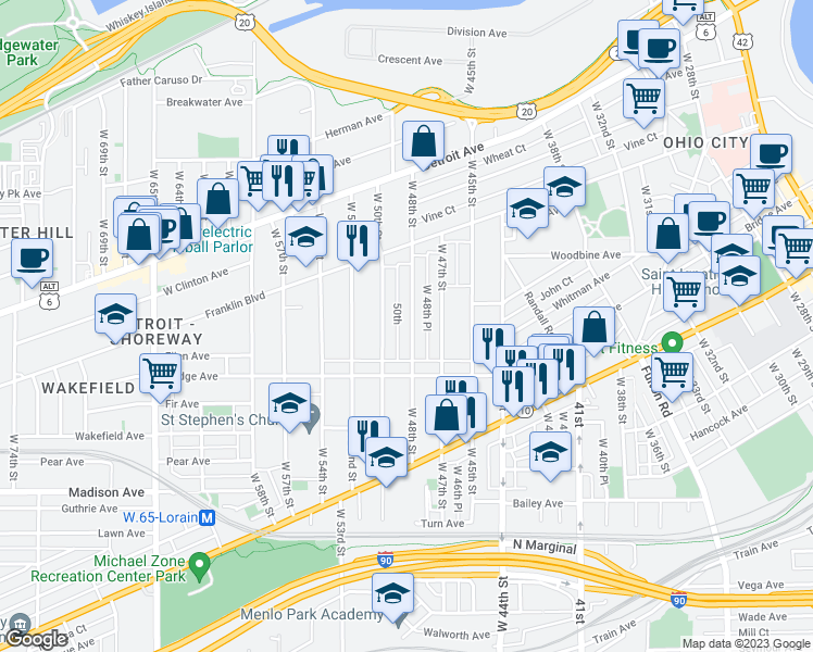 map of restaurants, bars, coffee shops, grocery stores, and more near 1835 West 48th Street in Cleveland