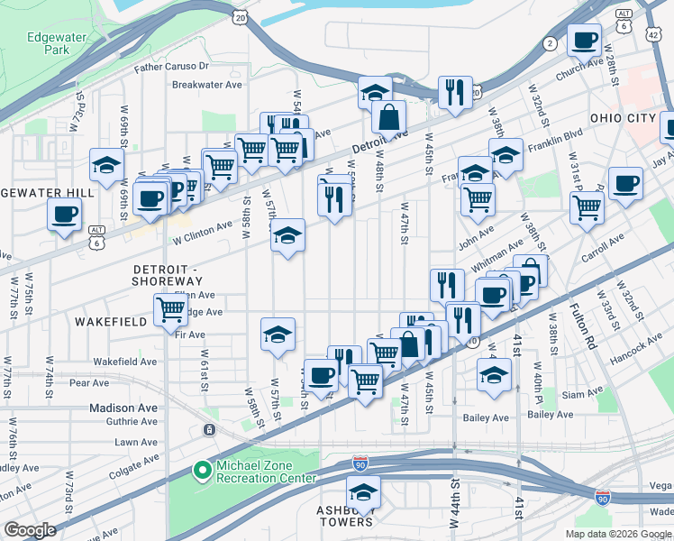 map of restaurants, bars, coffee shops, grocery stores, and more near 1816 West 50th Street in Cleveland