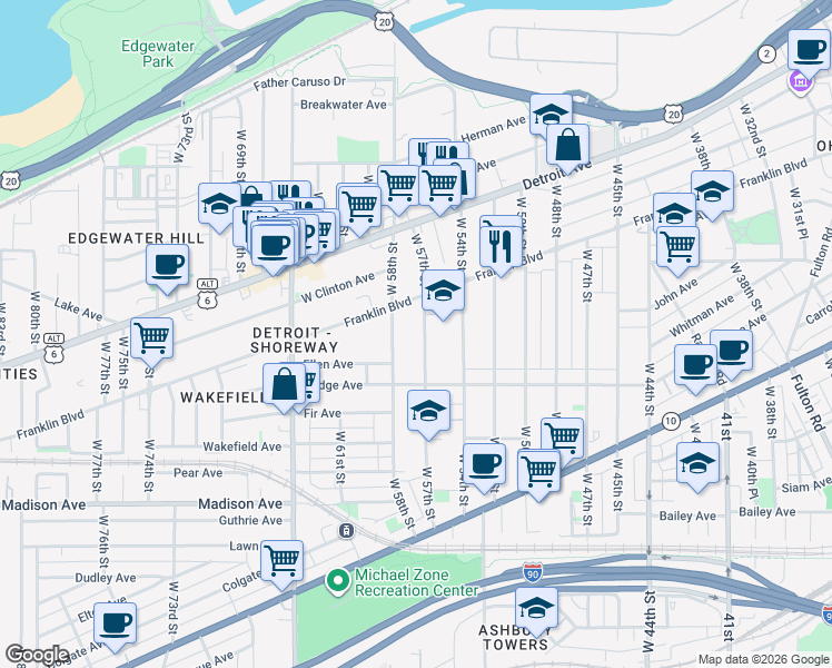 map of restaurants, bars, coffee shops, grocery stores, and more near 1803 West 58th Street in Cleveland