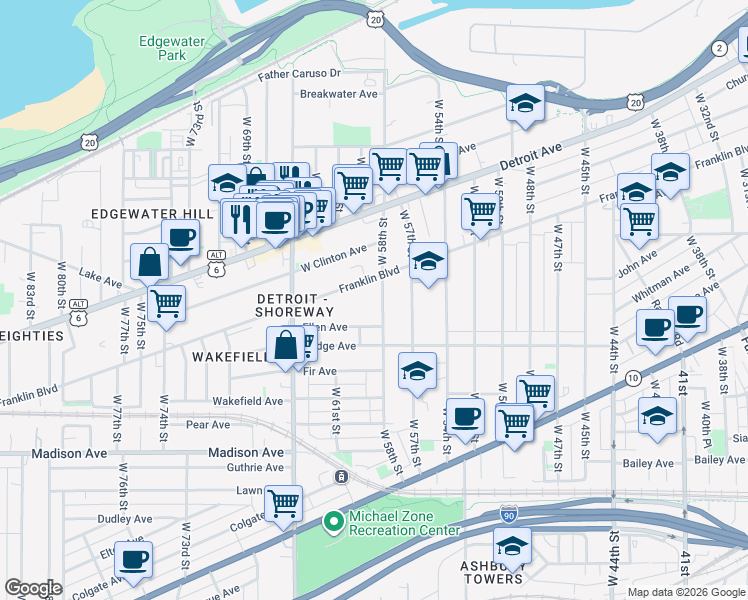 map of restaurants, bars, coffee shops, grocery stores, and more near 6001 Franklin Boulevard in Cleveland