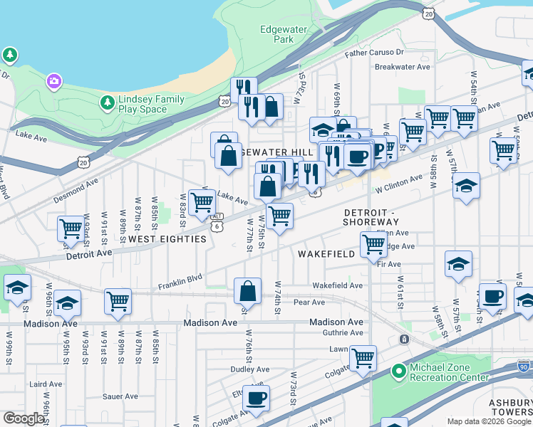 map of restaurants, bars, coffee shops, grocery stores, and more near 7427 U.S. 6 Alternate in Cleveland
