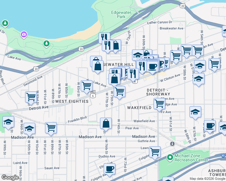 map of restaurants, bars, coffee shops, grocery stores, and more near 7427 U.S. 6 Alternate in Cleveland