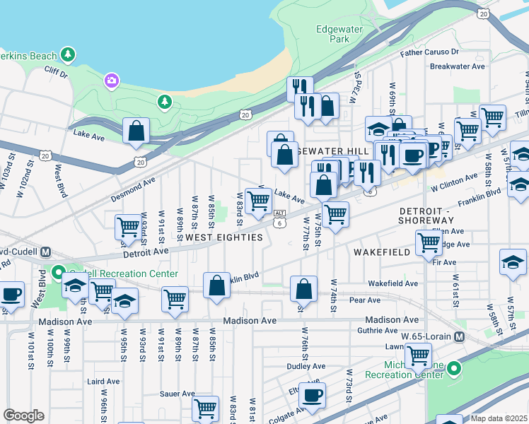 map of restaurants, bars, coffee shops, grocery stores, and more near 7903 Lake Avenue in Cleveland
