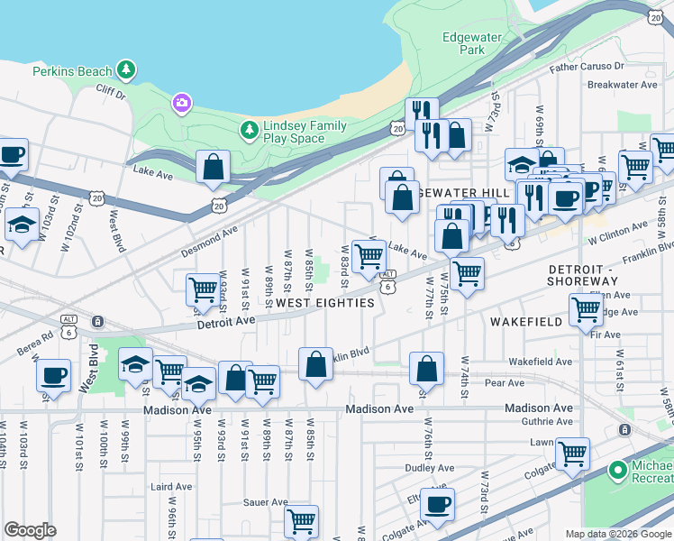 map of restaurants, bars, coffee shops, grocery stores, and more near 1325 West 85th Street in Cleveland