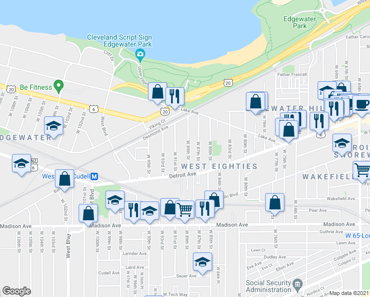 map of restaurants, bars, coffee shops, grocery stores, and more near 1318 West 89th Street in Cleveland