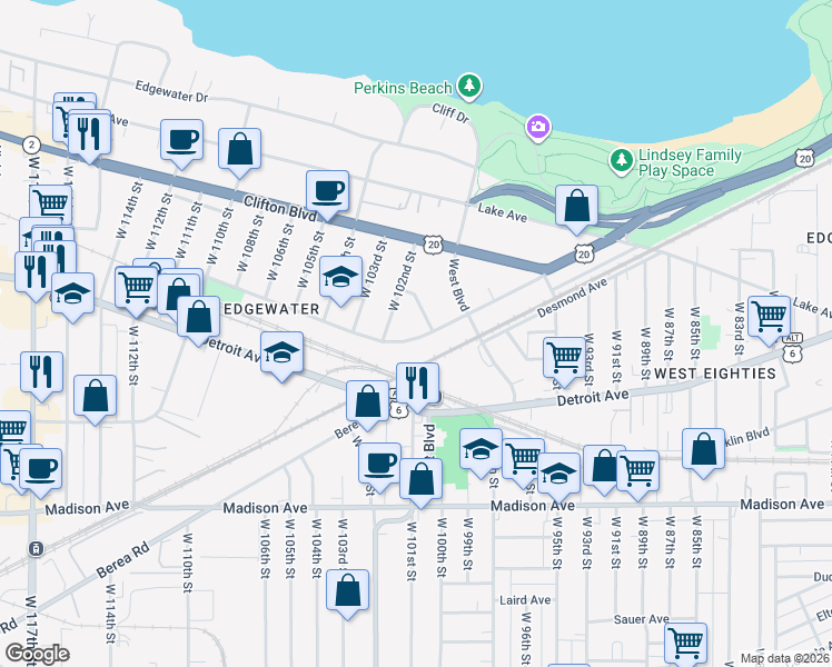 map of restaurants, bars, coffee shops, grocery stores, and more near 1329 West 102nd Street in Cleveland