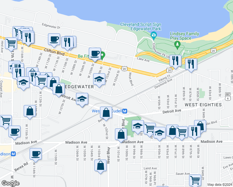 map of restaurants, bars, coffee shops, grocery stores, and more near 1329 West 102nd Street in Cleveland